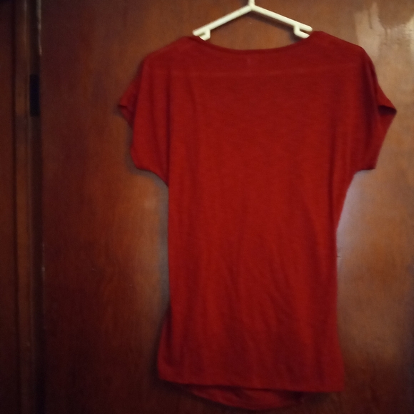 Hybrid Brand Size L Red with Gold Sparkly Accents Drape front Blouse - Picture 3 of 6